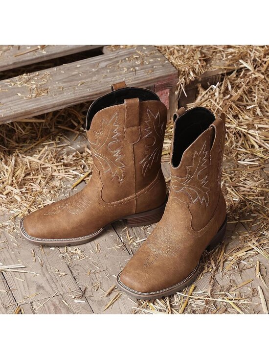 Men\'s Tan Faux Leather Slip on Square Toe with Classic Embroidered Cowboy Boots main image 5